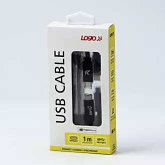 Logo USB kabel (3.2 gen 2), USB C samec - USB C samec, 1m, Power Delivery 100W, 10 Gb/s, 20V/5A, černý, box, nylonové opletení, hl Logo USB kabel (3.2 gen 2), USB C samec - USB C samec, 1m, Power Delivery 100W, 10 Gb/s, 20V/5A, černý, box, nylonové opletení, hl