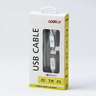 Logo USB kabel (3.2 gen 2), USB C samec - USB C samec, 1m, Power Delivery 100W, 10 Gb/s, 20V/5A, bílý, box, nylonové opletení, hli Logo USB kabel (3.2 gen 2), USB C samec - USB C samec, 1m, Power Delivery 100W, 10 Gb/s, 20V/5A, bílý, box, nylonové opletení, hli