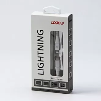 Logo USB kabel (2.0), USB C samec - Apple Lightning samec, 2m, MFi certifikace, 5V/3A, bílý, box, nylonové opletení, hliníkový kry Logo USB kabel (2.0), USB C samec - Apple Lightning samec, 2m, MFi certifikace, 5V/3A, bílý, box, nylonové opletení, hliníkový kry