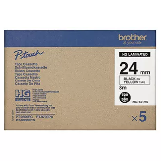 Brother originální páska do tiskárny štítků, Brother, HGE-651, černý tisk/žlutý podklad, 8m, 24mm, 5 ks v balení, cena za balení Brother originální páska do tiskárny štítků, Brother, HGE-651, černý tisk/žlutý podklad, 8m, 24mm, 5 ks v balení, cena za balení