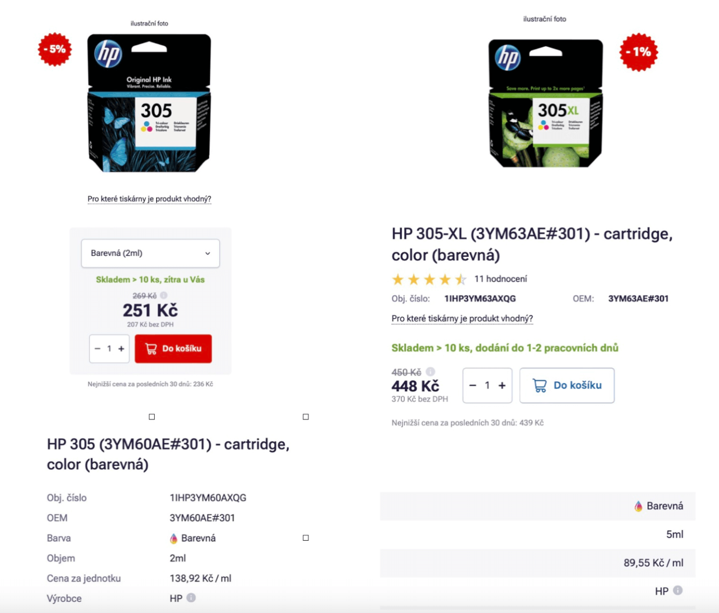 Srovnání standardní a XL originální cartridge HP 305