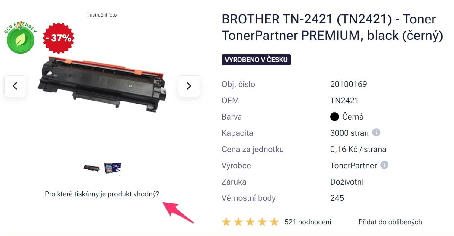 Screenshot detailu náplně z webu superzoo.lol se šipkou ukazující na informace o kompatibilitě dané náplně.