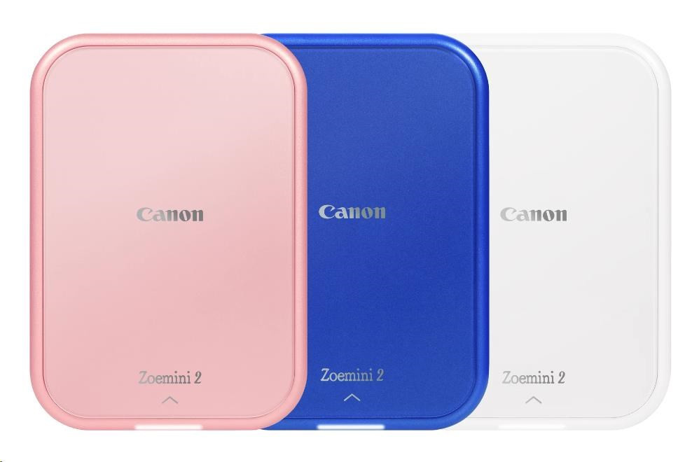 Mini tiskárna Canon Zoemini  2 v růžové, modré a bílé barvě. 