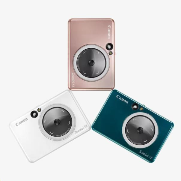 Hybrid mini tiskárny a fotoaparátu Canon Zoemini S2 v růžové, bílé a zelené barvě. 